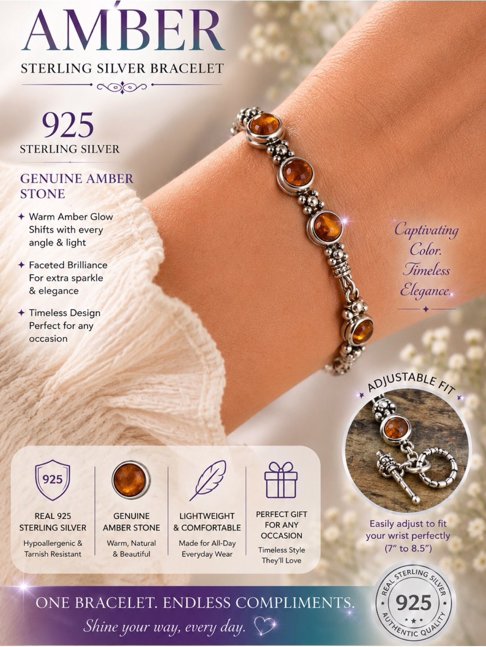 Amber Sterling Silver Bracelet with Genuine Amber Stones - Classic Brown Amber